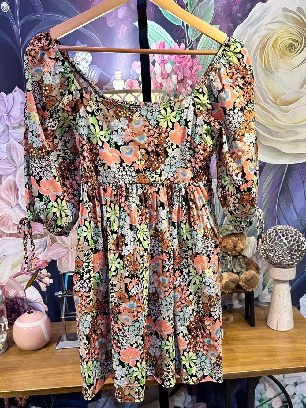 Forever 21 S Dress Tunic Top Stretch Floral Smocked Puff Sleeve Cotton Spandex